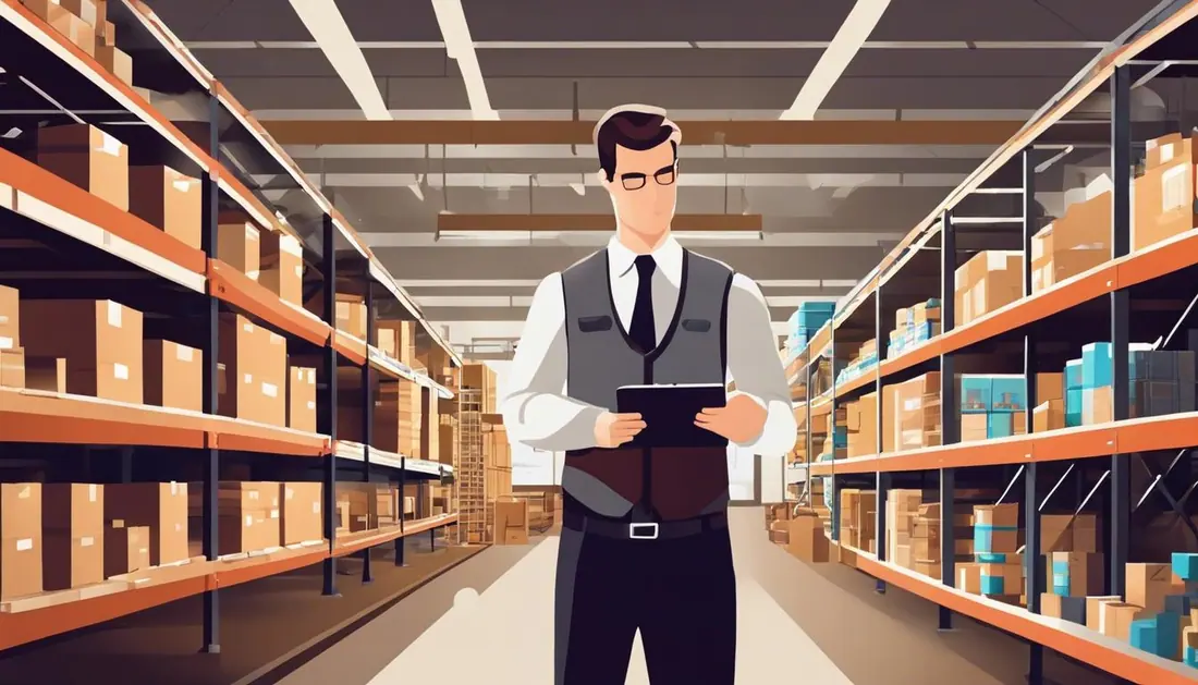 A warehouse manager inspects well-organized products in a Tampa warehouse.