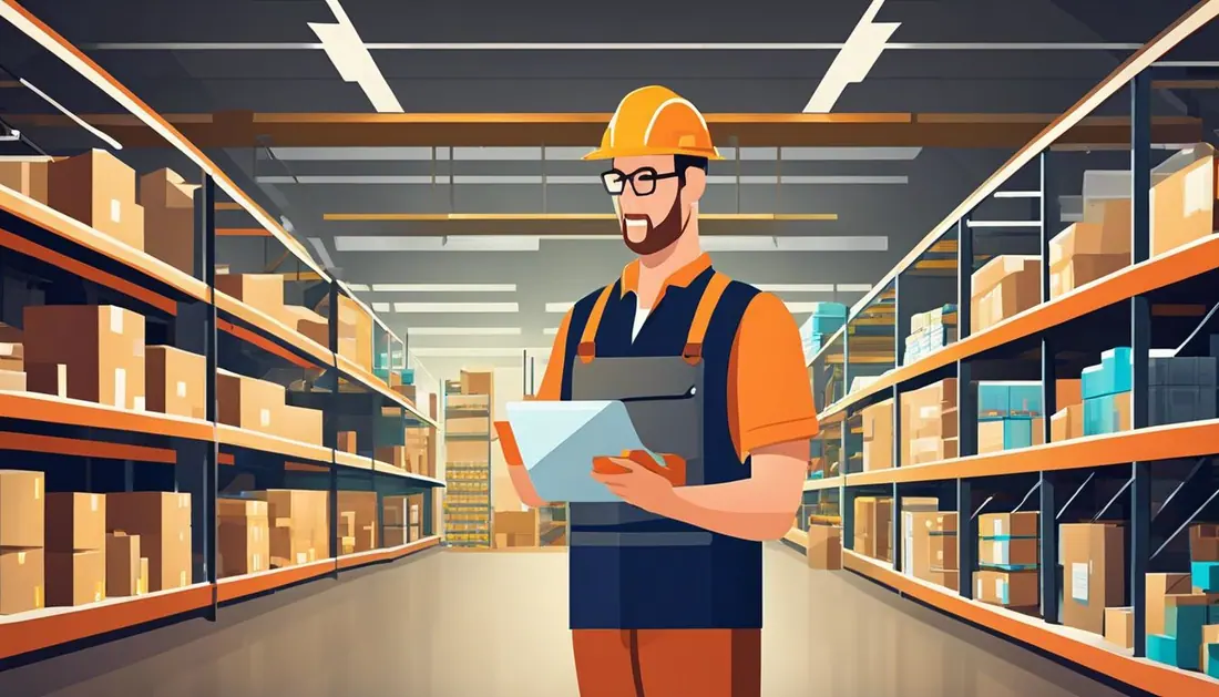 A male worker in his 30s navigating high-tech inventory systems in a busy warehouse.