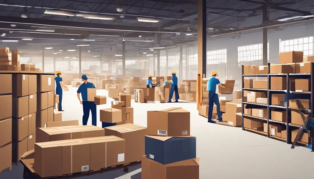 Busy warehouse in Tampa with workers and boxes.