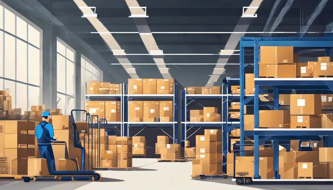 A neatly organized warehouse with workers moving crates and forklifts carrying heavy loads.