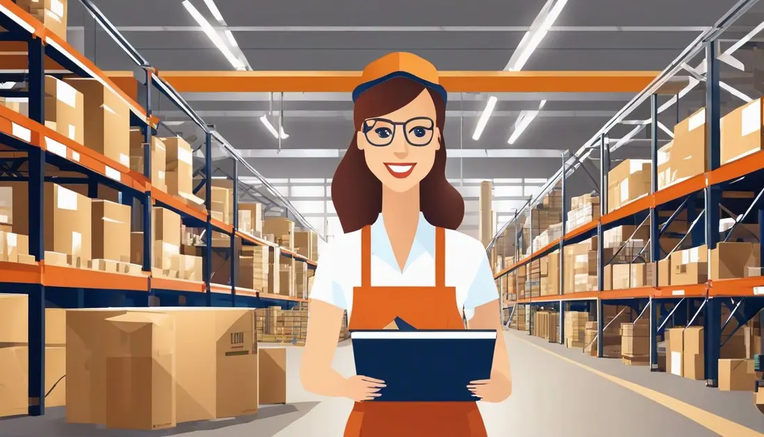 A woman in her thirties efficiently manages product packing and shipping in a busy warehouse.