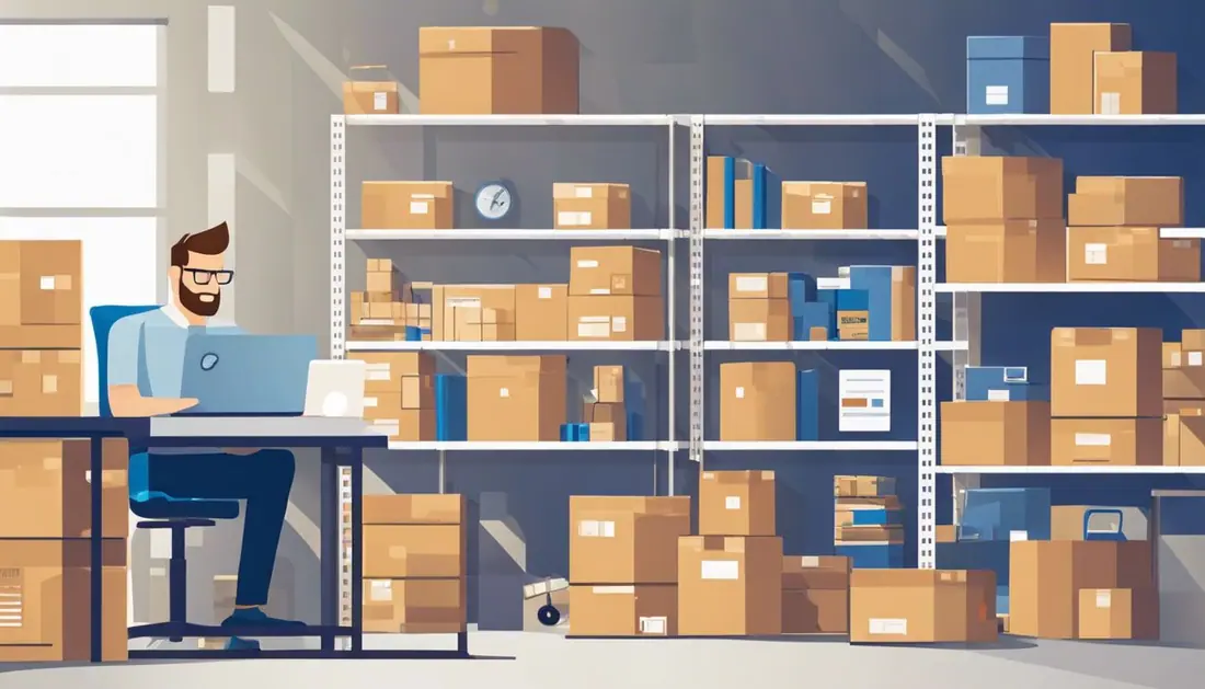 A man in his 30s using a laptop in a well-organized warehouse.