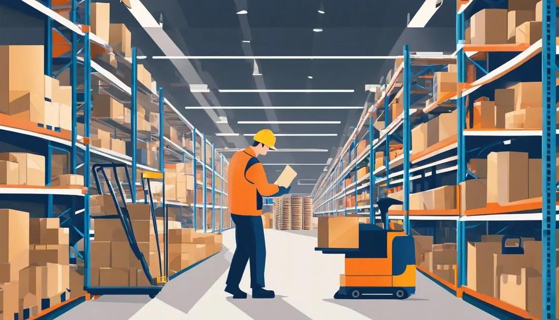 A warehouse worker efficiently picking products in a busy warehouse setting.