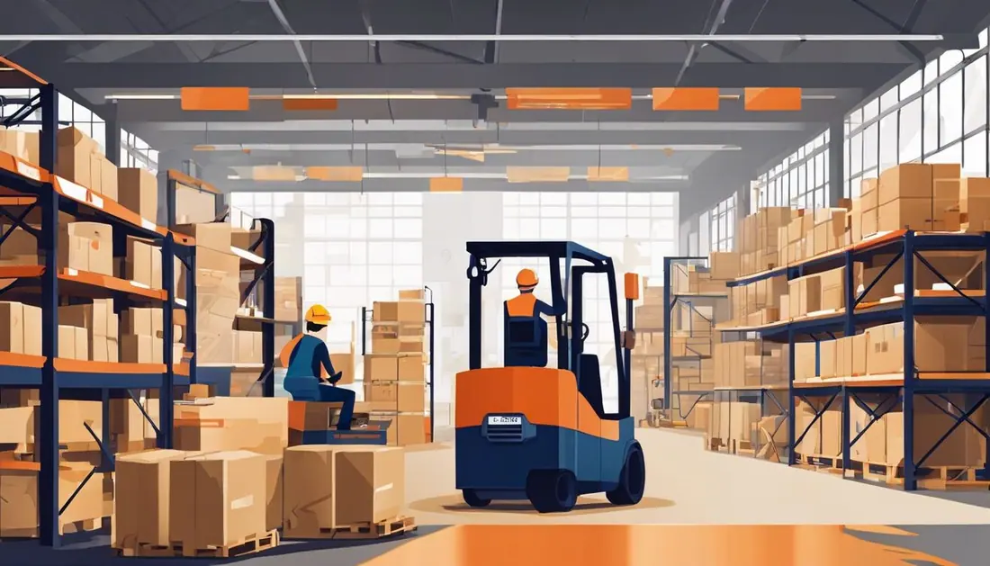 A cluttered warehouse with workers and forklifts, demonstrating expert storage solutions.