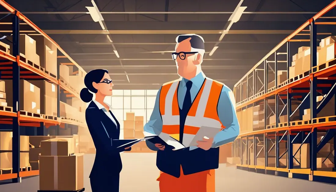 Middle-aged warehouse manager discussing logistics with 3PL partner in busy warehouse.